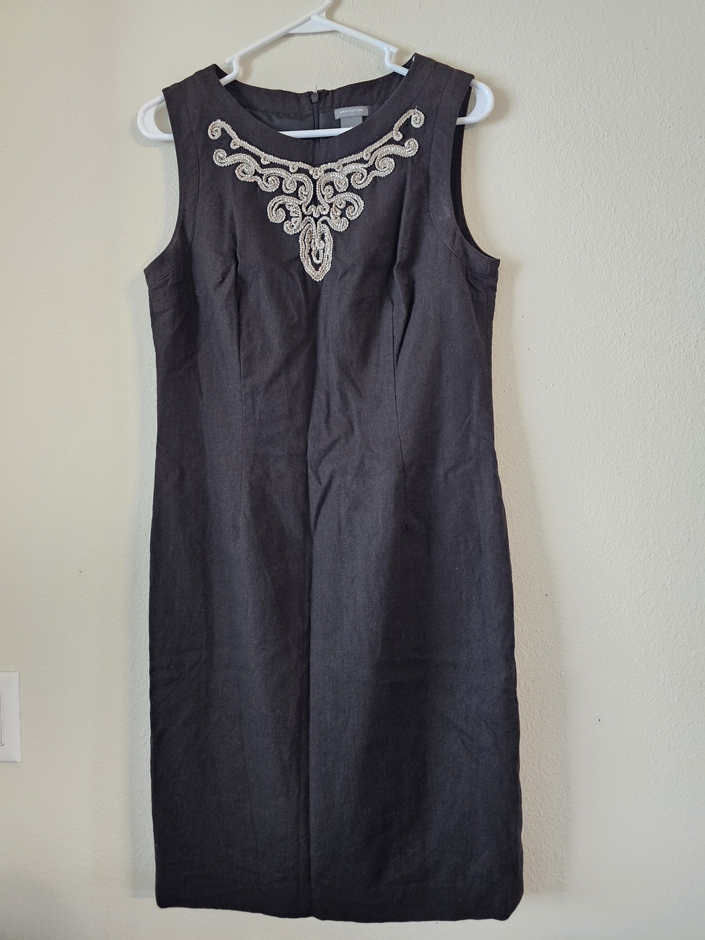 Ann Taylor Black Midi Dress with Cream Neck Embroidery